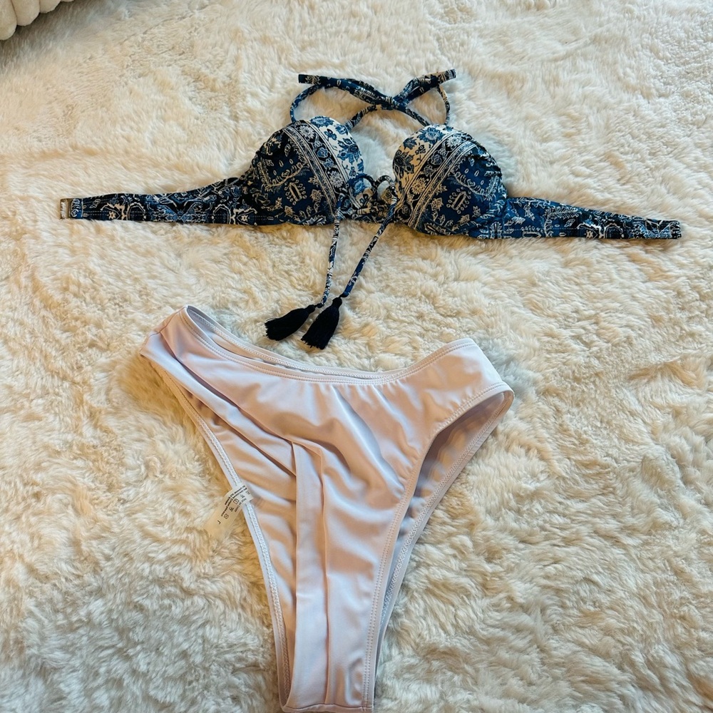 Amazon Navy Paisley Halter Bikini Top with Light Pink Bikini Bottom